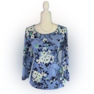 Croft & Barrow Blue Green & White Floral Print Long Sleeve Blouse Size L